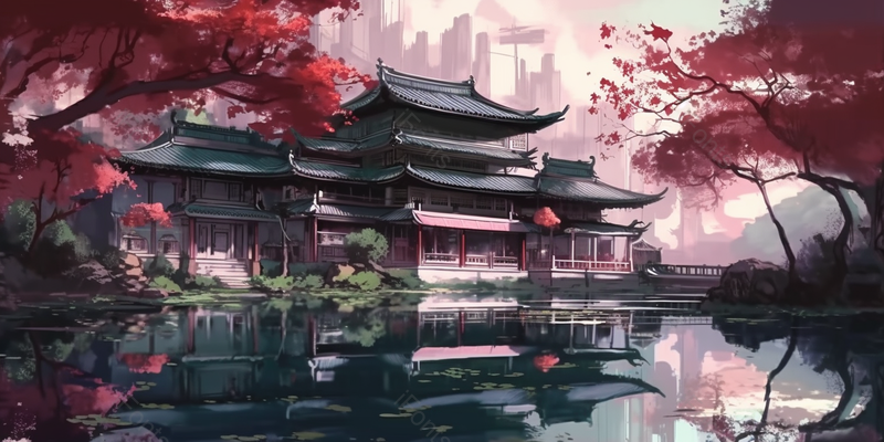 红色枫叶古代建筑插画背景,插画/手绘图,插画/手绘图库,插画/手绘图下载,插画/手绘